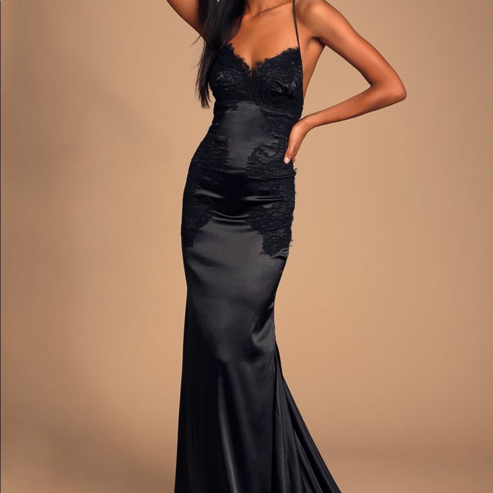 Lulus Fantasy Come True Black Lace Satin Lace-Up Maxi Dress